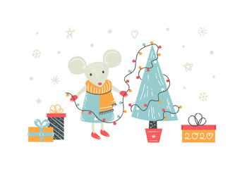 Fototapeta na wymiar Happy New Year vector hand drawn illustration with cute mouse decorate Christmas tree. Holiday design on a white background. Flat cartoon style. New Year greeting card, poster, banner