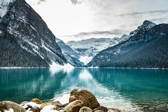 Lake louise panorama in winter with snow covered mountains, Banff National Park, Alberta, Canada