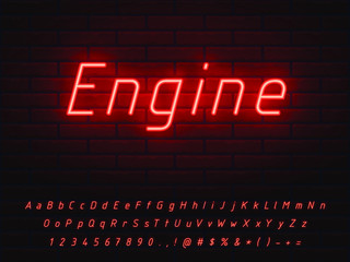 bright red neon font set technical style with transparent glow