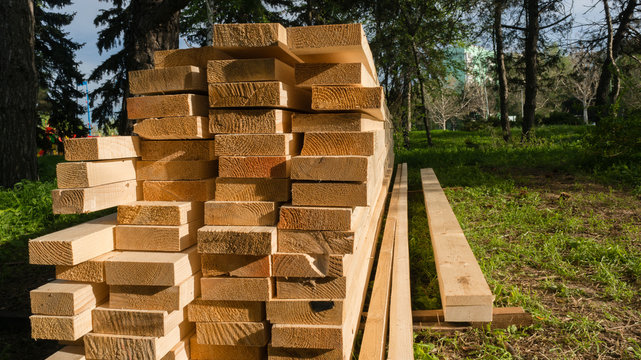Piled comstruction boards.