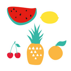 Set of fruits isolated on white background. Vector pineapple, orange, cherry, lemon, watermelon. Fruit icon.