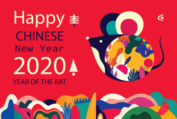 Happy New Year 2020 vector logo design. Happy new year with cute mouse rat in folk style. Chinese New Year. Cover of design for 2020. Calendar design, brochure, catalog, card, banner, wallpaper.