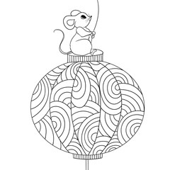 Doodles art with Chinese New Year decoration - lantern with curl pattern and cute mouse sitting on it, symbol of 2020 year. Holiday coloring page, easy to change colors.