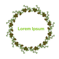 Larch branch wreath, cone, Lorem Ipsum art design elements nature colorful object isolated stock vector illustration for web, for print