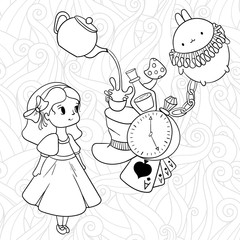 Doodle illustration of Alice in Wonderland. Monochrome art with Alice, white rabbit and objects from fairytale. Coloring page, easy to change colors.