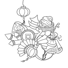 Doodle art with Chinese New Year decorations.  Festival bangers, lanterns, fans, fortune cookie future.  Holiday emblem for coloring, easy to change colors.