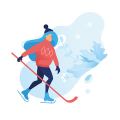Young girl hockey player. woman with a hockey stick. Winter game sport flat illustration. Outdoor recreation, cartoon character. frozen plants isolated background. Winter web banneckground. Winter web