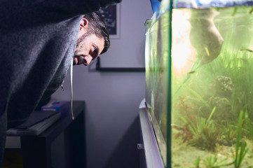 Young man pruning the plants in his aquarium.