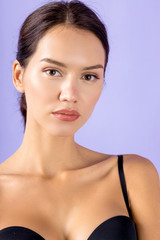 portrait of caucasian beautiful female wearing underwear, slim woman look at camera, confident lady in brassiere. model