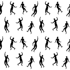 Repeated ornament with dancing people silhouettes. Black figures on white background. Vector illustration.