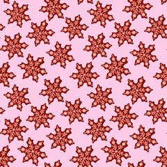 Christmas and New Year seamless pattern with gingerbread snowflakes on a pink background. Holiday vector illustration.