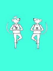 Set of Yoga mice on a mint background - Fantasy character. Symbol of 2020. Contour drawing of a mouse yoga (rat princess), coloring page. Seamless pattern for printing on fabric, wrapping paper, postc