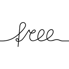 One black continuous line, hand drawn word Free. Vector on white background.
