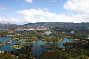View from the heights of the Peñol-Guatapé Reservoir on a cloudy summer day