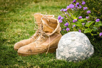 military helmet and boots