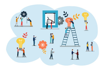 Vector flat illustrations, brainstorming, business concept for teamwork, searching for new solutions, small people looking for new ideas, studying graphics.