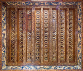 Wooden ceiling decorated with floral patterns at Mamluk era Amir Taz Palace, Cairo, Egypt