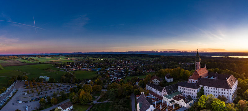 Andechs Monastery, aerial view at sunset, Ammersee, F&uuml;nfseenland, Pfaffenwinkel, Upper Bavaria, Bavaria, Germany,