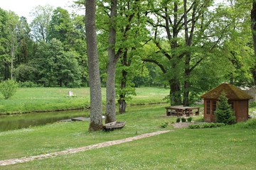 Place to relax on the banks of a small rivulet in spring
