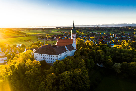 Andechs Monastery, aerial view at sunrise, Ammersee, F&uuml;nfseenland, Pfaffenwinkel, Upper Bavaria, Bavaria, Germany,