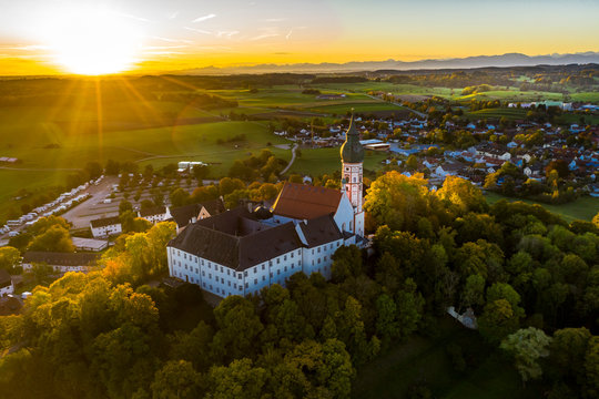 Andechs Monastery, aerial view at sunrise, Ammersee, F&uuml;nfseenland, Pfaffenwinkel, Upper Bavaria, Bavaria, Germany,