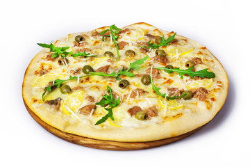 flavored pizza with olives, meat and cheese