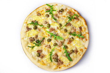 flavored pizza olives, meat and cheese top view on a white background
