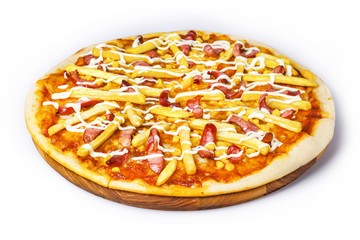 big pizza with sausage french fries and corn
