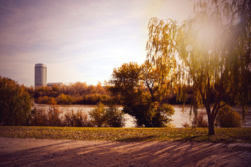 Torre del agua in Zaragoza behind the Ebro river in a sunny day, Spain