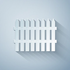 Paper cut Fence wooden icon isolated on grey background. Garden fence sign. Paper art style. Vector Illustration