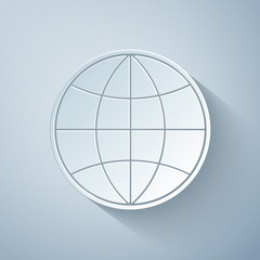 Paper cut Earth globe icon isolated on grey background. World or Earth sign. Global internet symbol. Geometric shapes. Paper art style. Vector Illustration