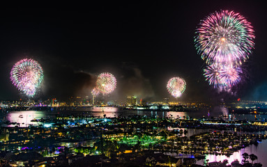 Fourth of July fireworks over harbor, San Diego, California 
