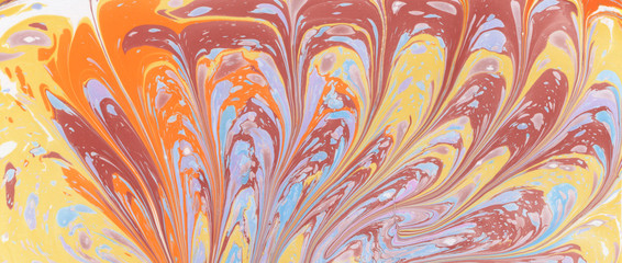 Art Abstract paint color blots background. Ebru Marble paper texture. Horizontal long banner..