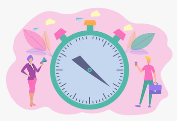 Stopwatch, courier services, time management concept, fast delivery. Stay on time. Colorful vector illustration