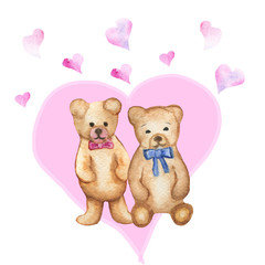 Watercolor hand painted lovely card with two teddy beer with pink and blue bows on the white background with pink hearts for saint valentines day and happy birthday cards with the space for text