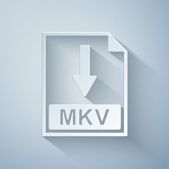 Paper cut MKV file document icon. Download MKV button icon isolated on grey background. Paper art style. Vector Illustration