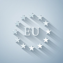 Paper cut Flag of European Union icon isolated on grey background. EU circle symbol. Waving EU flag. Paper art style. Vector Illustration