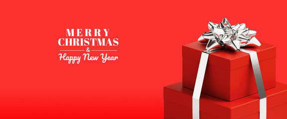 Merry Christmas and Happy New Year web banner. Red gifts box and silver bow ribbon on red background. 3d rendering illustration.