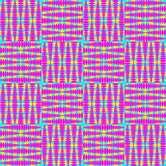 Strict tile of pink squares and blue curly rhombuses in monochrome.