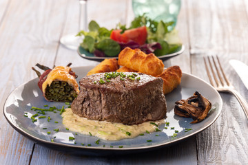 closeup of a steak on a plate