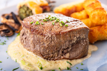 closeup of a steak on a plate