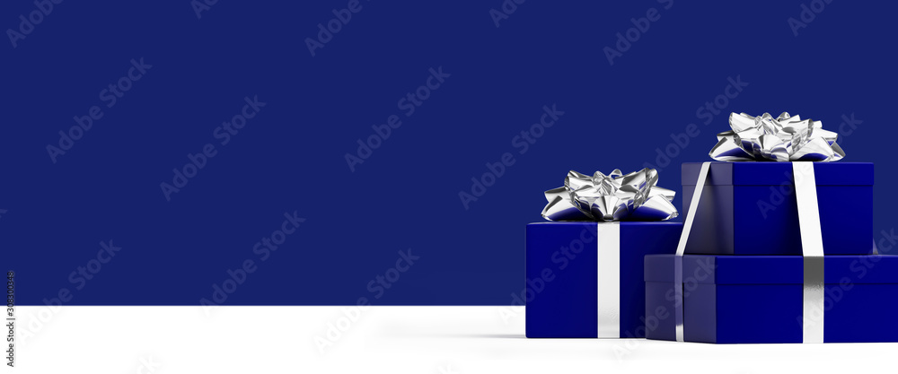 Wall mural merry christmas and happy new year web banner. deep blue gifts box and silver bow ribbon on deep blu