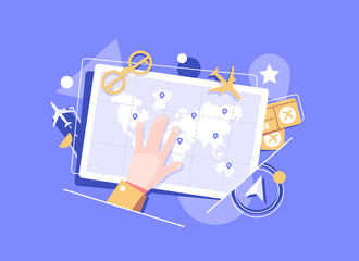 People planning a trip around the world, they are pointing on a map,travel, journey. Travel planning