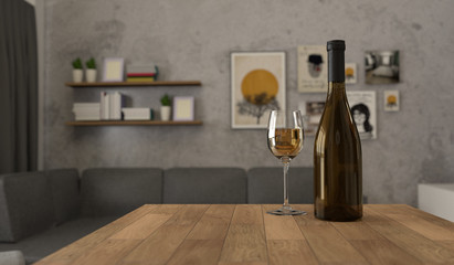 Wine botlle in dark glass on wooden table. Glass of white wine in modern interior.