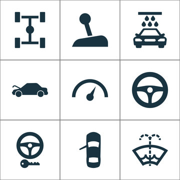 Automobile icons set with key, chassis, repair and other chronometer elements. Isolated vector illustration automobile icons.