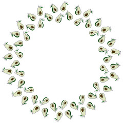 Round frame of avocado halves drawn in line art style. Contours with colored substrates on a white background. Template for text. Vector.