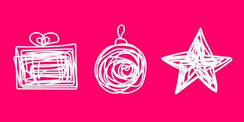 Christmas set Star, Gift, Ball on a pink background. White Hand-drawn tangled line art New Year decorations. Symbols of winter holidays. Messy Holiday Elements of Christmas and New Year