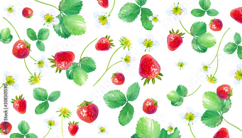 イチゴの水彩イラスト 葉と花と実をちりばめたパターン Wall Mural Keiko Takamatsu