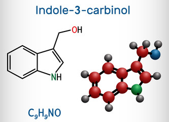 Indole-3-carbinol molecule, is found in cruciferous vegetables such as broccoli, cabbage, cauliflower, Brussels sprouts, cabbage greens and kale. Structural chemical formula and molecule model