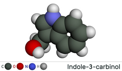 Indole-3-carbinol molecule, is found in cruciferous vegetables such as broccoli, cabbage, cauliflower, Brussels sprouts, cabbage greens and kale. Molecular model.